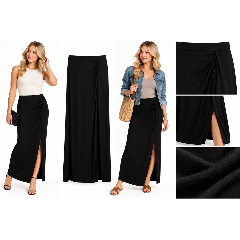Lou & Grey Skirt XS Black Maxi Ruched Side Slit Jersey Knit Stretch Minimal Y2K
